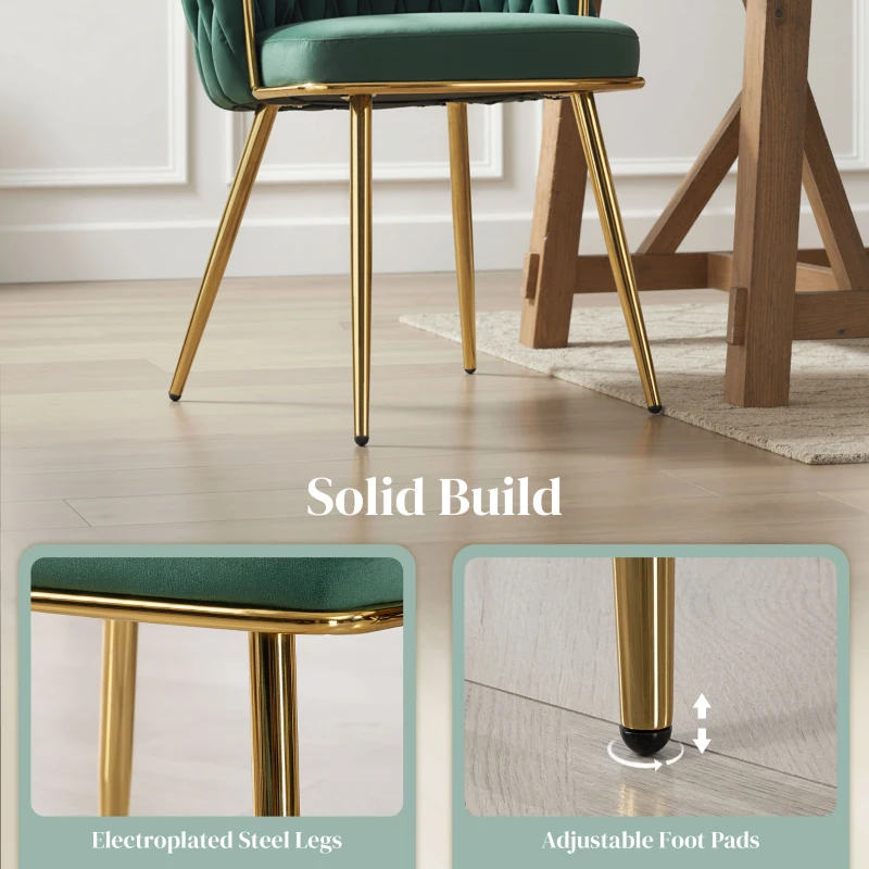 HOMCOM Velvet-Feel Dining Chairs Set of 2, Modern Upholstered Armchair with Knot Design and Golden Metal Legs, Accent Chair for Dining Room, Bedroom, Kitchen, Living Room, Dark Green
