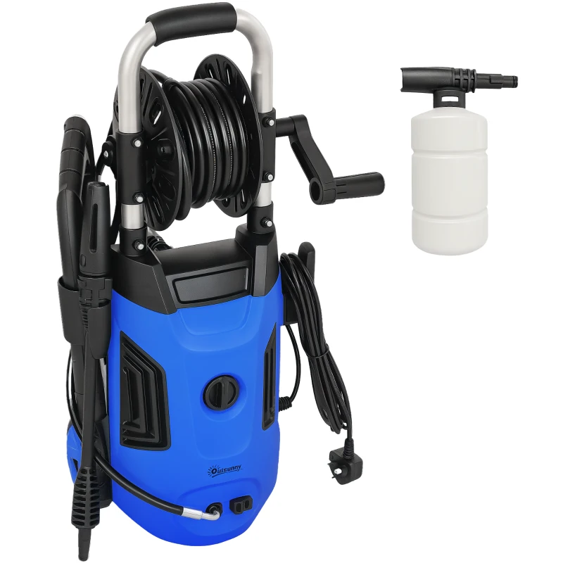 Outsunny 1800W High Pressure Washer, 150 Bar Pressure, 420 L/h Flow, Portable Power Washer Jet Wash Cleaner with Adjustable Nozzle, 6M Hose, Hose Reel, Steel Handle for Home Patio Car Driveway, Blue