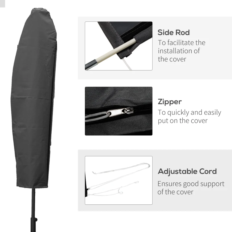Outsunny Parasol Cover, Patio Cantilever Cover, Banana Umbrella Protector with Rod, Zipper for 2-4 m Parasol for Outdoor Garden, Patio, Dark Grey