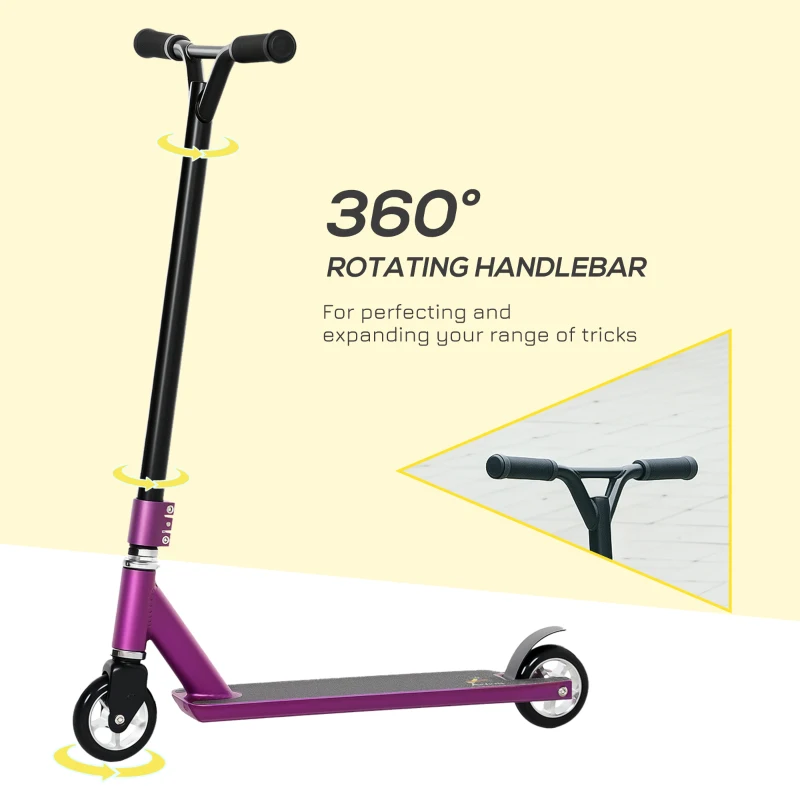 HOMCOM Stunt Scooter, 360° Entry Level Tricks Scooter w/ Lightweight Aluminium Deck and ABEC 7 Bearing, For Age 14+ Beginners, Purple
