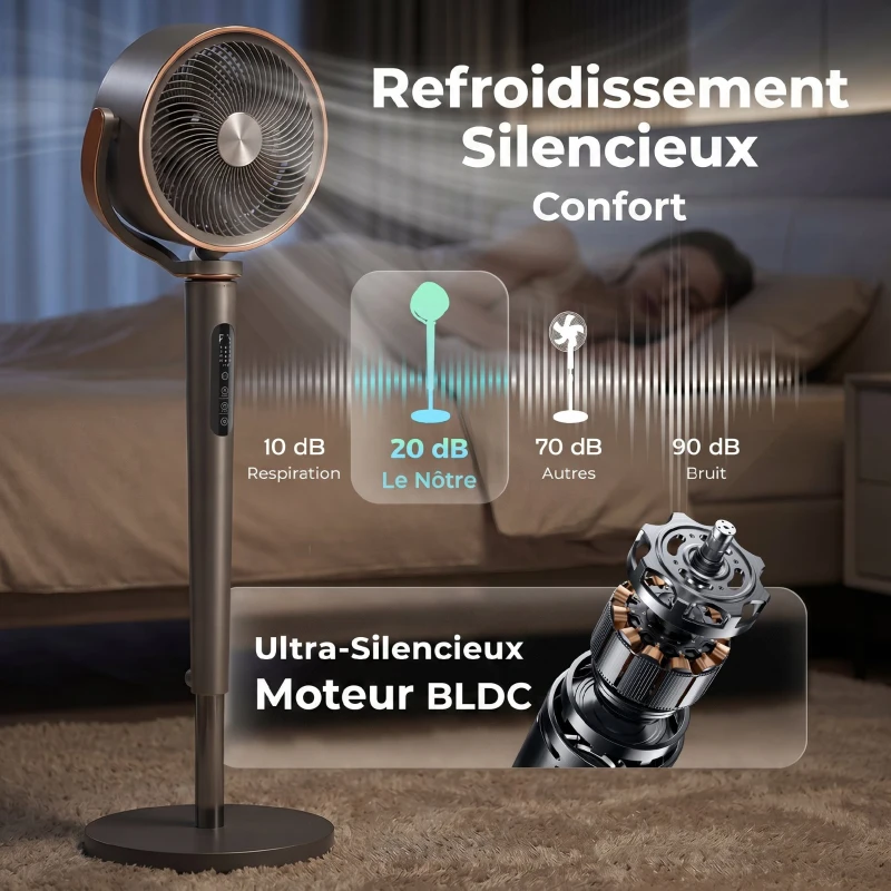 HOMCOM Ventilateur sur pied silencieux 20 dB, oscillation automatique 70°+90°, 12 vitesses, lumière LED et minuterie 12H