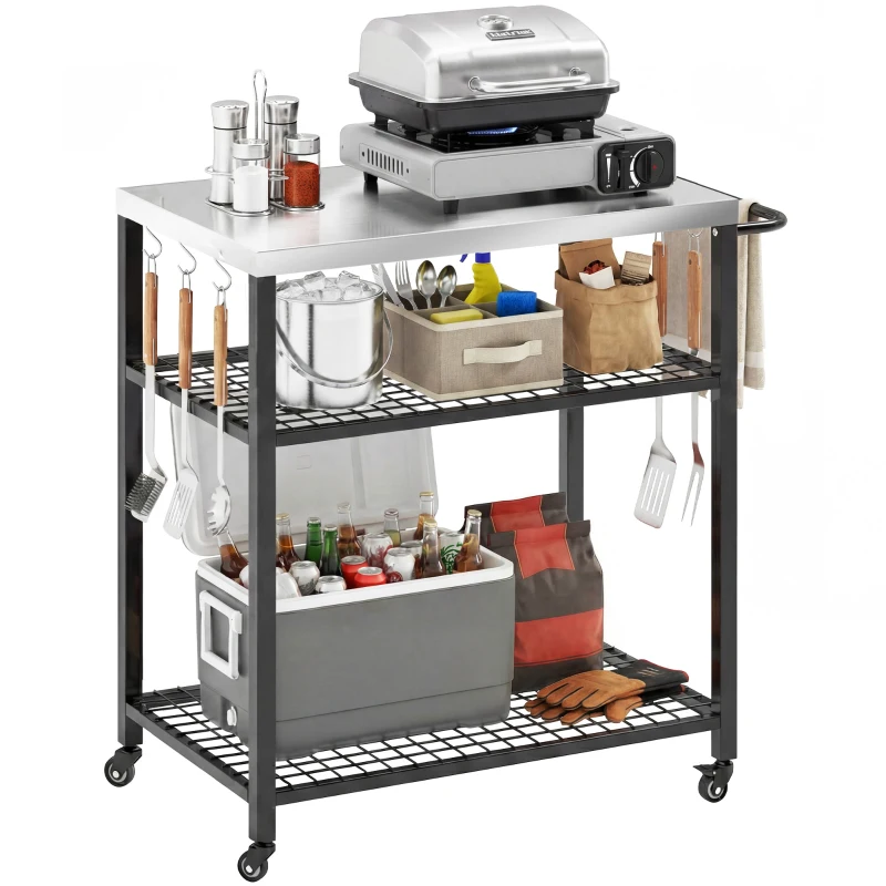 Outsunny Outdoor Grill Cart with Stainless Steel Tabletop, 3-Tier Pizza Oven Stand with 2 Shelves, 6 Hooks, Wheels, Black