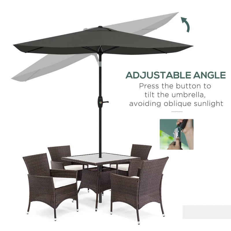 Outsunny 3 x 2 m Garden Parasol Umbrella with Aluminium Pole, UPF 50+ Rectangular Outdoor Table Parasol Sun Shade with Crank & Push Button Tilt, Metal Ribs, Dark Grey