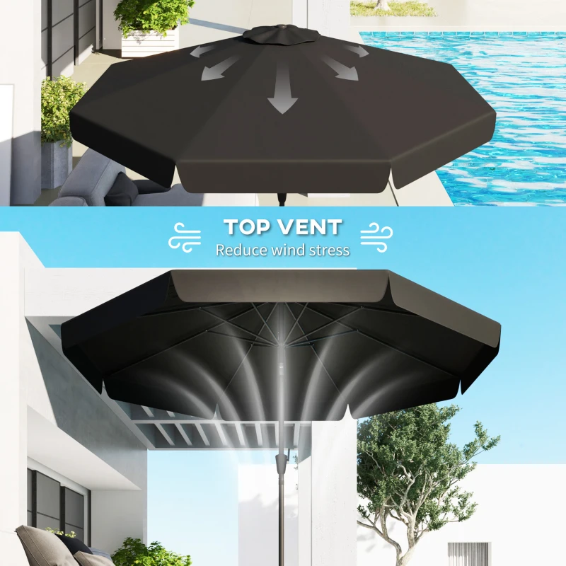 Outsunny 2.7m Patio Parasol Garden Umbrellas with Aluminium Pole, UPF 50+ Outdoor Sun Shade Table Umbrella with Tilt, Crank, 8 Ribs, Ruffles,, Black