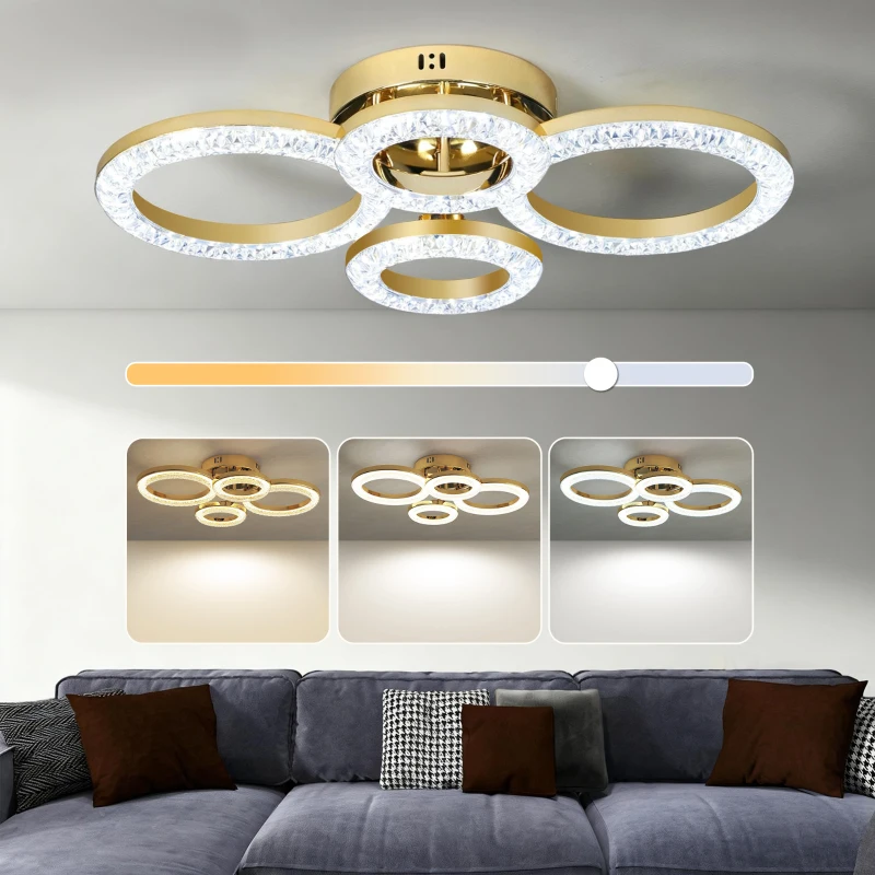 HOMCOM LED Ceiling Light, Modern Dimmable 4 Rings Ceiling Lamp with Wall Switch, 40W 4350lm Flush Mount Ceiling Light with 3500K/4500K/6000K Colour Temperatures for Living Room, Bedroom, Gold Tone