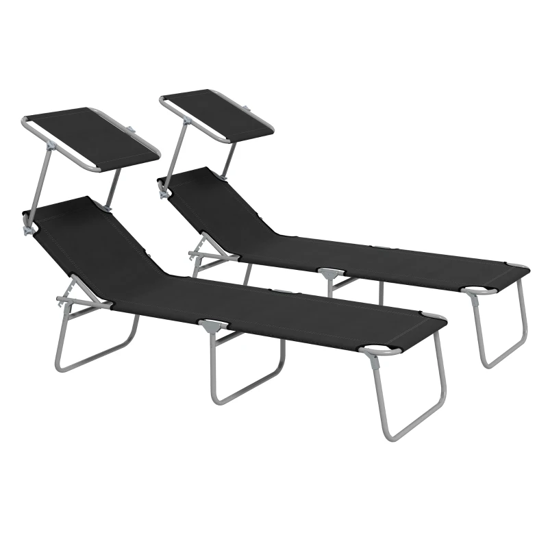 Outsunny Foldable Sun Lounger Set of 2 with Sun Shade & Adjustable Backrest - Black