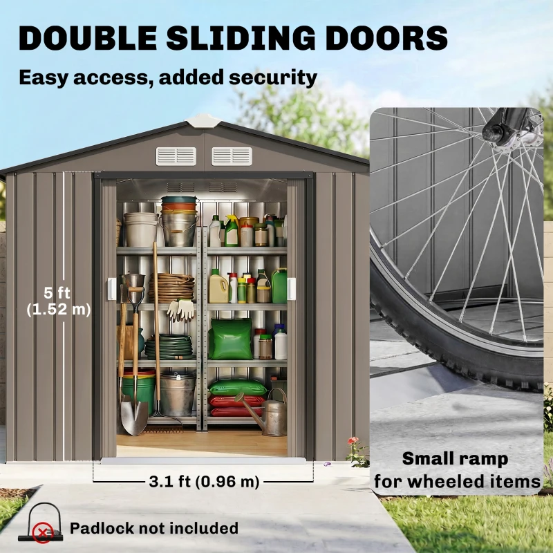 Outsunny 7 x 4ft Metal Garden Shed, Waterproof Outdoor Bike Storage Shed Galvanised with Vents, Foundation Kit, Apex Roof and Lockable Double Doors for Patio Lawn, Brown