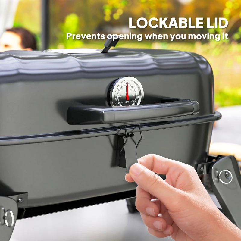 Outsunny Charcoal Barbecue Grill Folding Portable BBQ Grill for Camping with 1232 cm² Cooking Area, Adjustable Vent, Thermometer, Handles for Picnic, 59 x 37 x 36 cm, Black