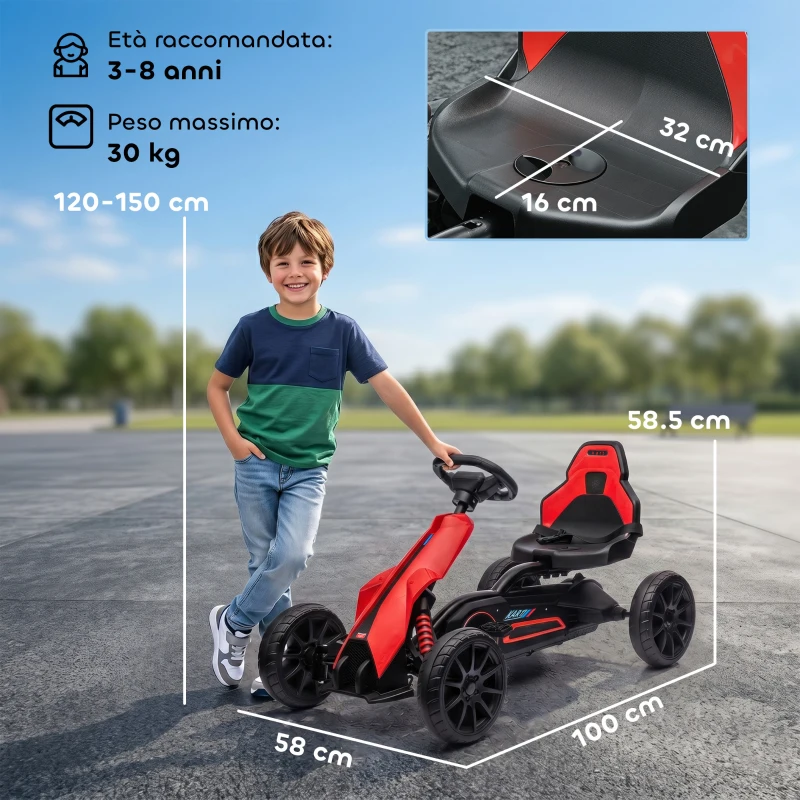 HOMCOM Go Kart a Pedali per Bambini 3-8 Anni con Sedile Regolabile e Ruote in EVA, 100x58x58.5 cm, Rosso Nero