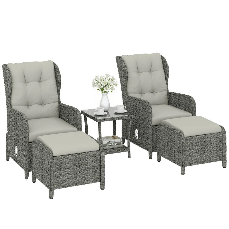 Outsunny 5 Piece Garden Furniture Set, Rattan Reclining Garden Chair Set of 2 with Footstool and Cushion for Balcony, Cream
