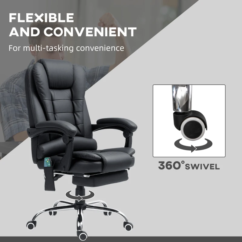Vinsetto Ergonomic Massage Office Chair with 6-Point Vibrating & Heated Lumbar Support, Executive High Back Computer Desk Chair with Footrest, 135° Reclining, PU Leather, Black