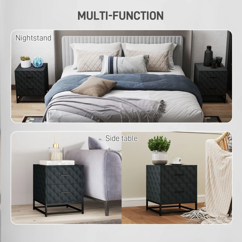 HOMCOM Bedside Tables Set of 2, Modern Bedside Table Nightstand with 2 Drawers, Bedside Cabinet Sofa Side Table with Storage, Steel Legs for Bedroom, Living Room, Black