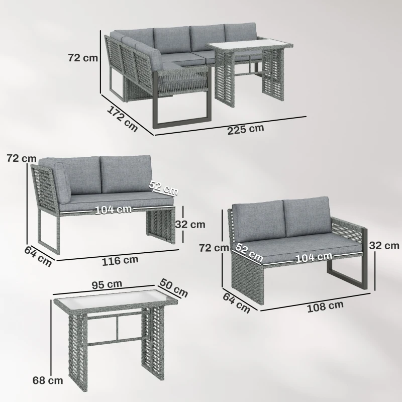 Outsunny 6 Seater Rattan Garden Furniture Set with 3 Loveseats, Table, Patio Rattan Furniture Corner Sofa Set, Grey