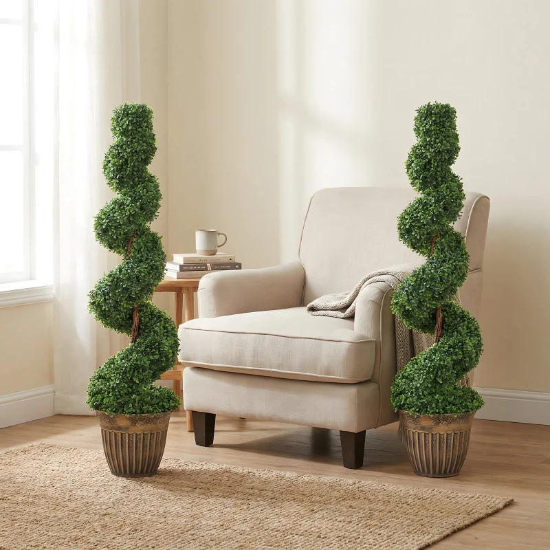 HOMCOM Set of 2 Artificial Plants, Topiary Spiral Boxwood Trees with Pot, for Home Indoor Outdoor Decor, 120cm
