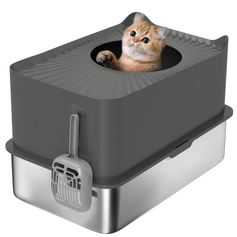 PawHut Stainless Steel Cat Litter Tray, Extra Large Enclosed Litter Box with Scoop, Top Entrance, Non-slip Pads, Dark Grey