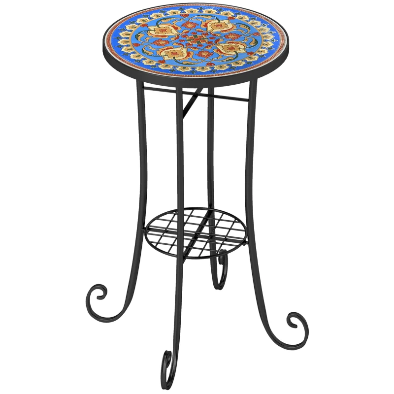 Outsunny Mosaic Garden Table, 35.5 cm Round Outdoor Table with Shelf, Ceramic Tile Top, Small Garden Side Table Bistro Table End Table Plant Stand for Indoor, Patio, Balcony, Blue