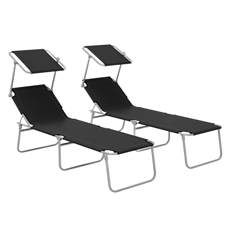 Outsunny Foldable Sun Lounger Set of 2 with Sun Shade & Adjustable Backrest - Black