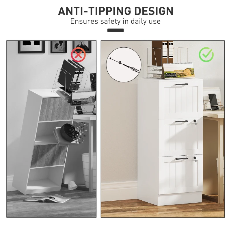 HOMCOM 3 Drawer Filing Cabinet with Lock, Office Storage Cabinet with Adjustable Hanging Bars for A4 Letter Size Files, White