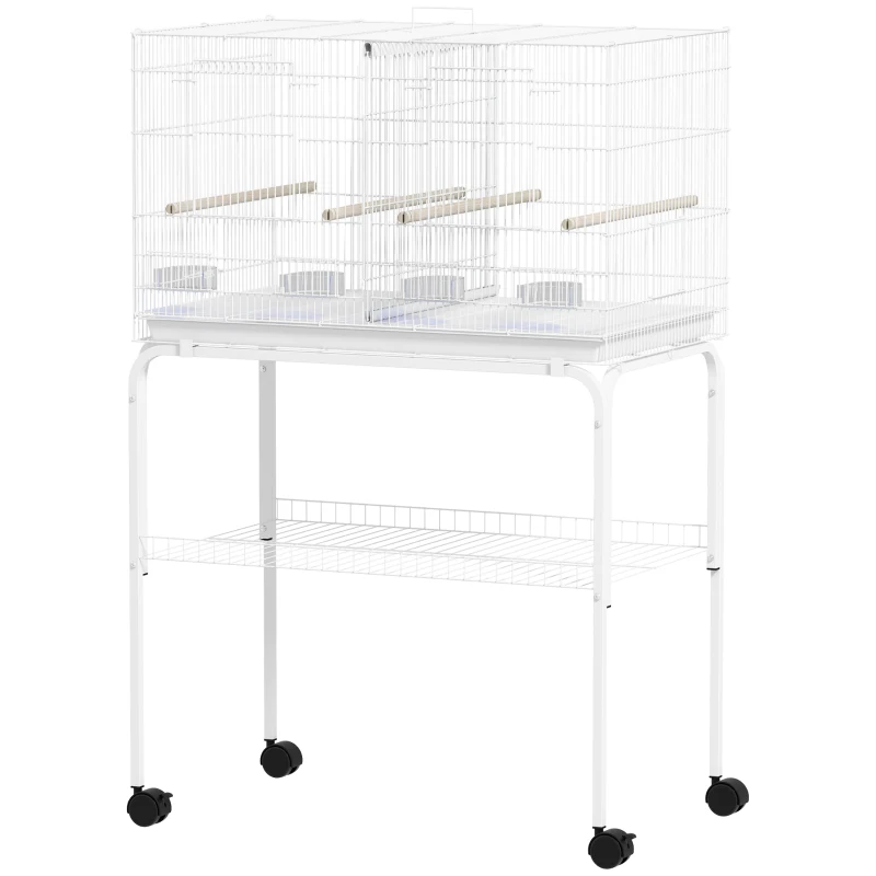 PawHut Bird Cage with Divider, 4 Wooden Perches, Slide Out Tray, 4 Feeders, for Budgie, Lovebird, Canary, 76 x 46 x 116cm White