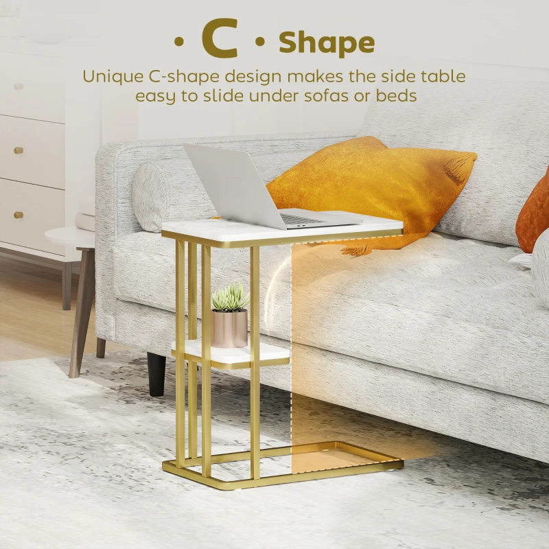 HOMCOM C-Shaped Narrow Side Table, 2-Tier Slim End Table, Nightstand for Small Spaces, Living Room, Bedroom, White Marble Grain