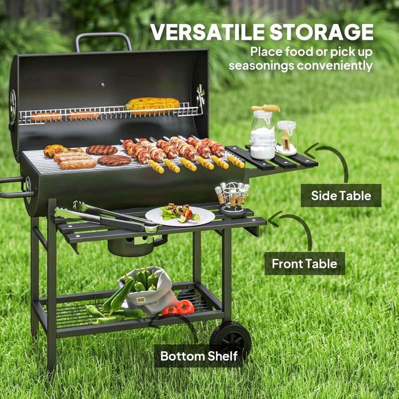 Outsunny Charcoal BBQ Grill with Foldable Front Side Shelf, Portable Barbecue Smoker with Warming Rack, Bottom Shelf, Lid, Temperature Gauge, Wheels for Outdoor Cooking Garden Party, Black