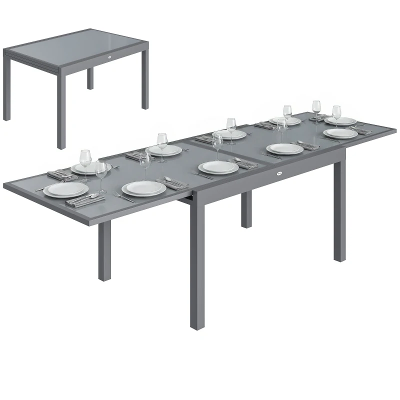 Outsunny Extending Garden Table for 6-10, Aluminium Outdoor Dining Table with Tempered Glass Top, Grey