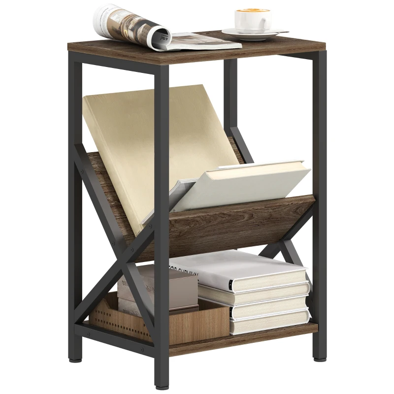 HOMCOM Narrow Side Table, End Table with 3-Tier Storage, V-Shaped Magazine Holder for Living Room, Bedroom, 40 x 30 x 61cm, Oak
