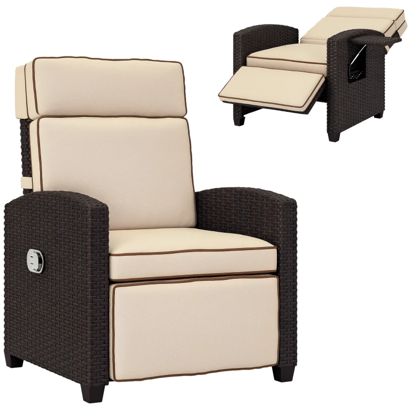 Outsunny 145° Reclining Rattan Armchair, with Footrest - Brown/Khaki