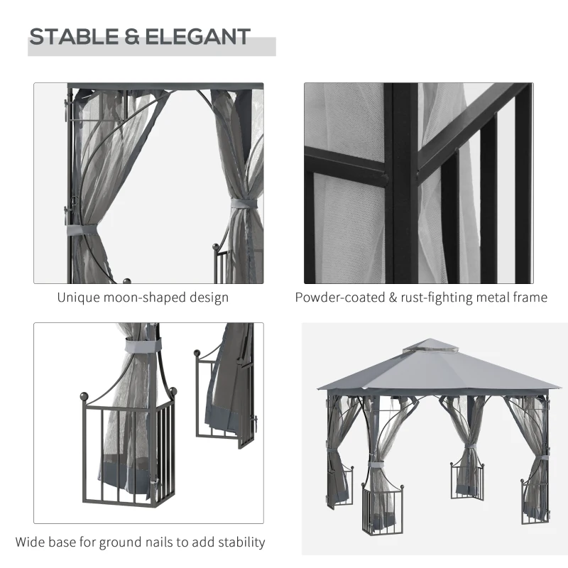 Outsunny 3 x 3m Garden Gazebo Patio Party Tent Shelter Outdoor Canopy Double Tier Sun Shade with Metal Frame and Netting, Light Grey