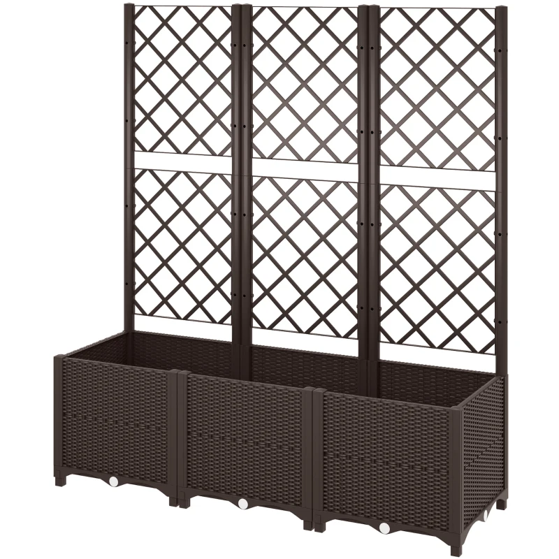 Outsunny Raised Garden Bed with Trellis, Plastic Planter Box with Drainage Holes, Drain Plugs and Water Reservoirs for Climbing Plants, Vegetables, Flowers, Brown