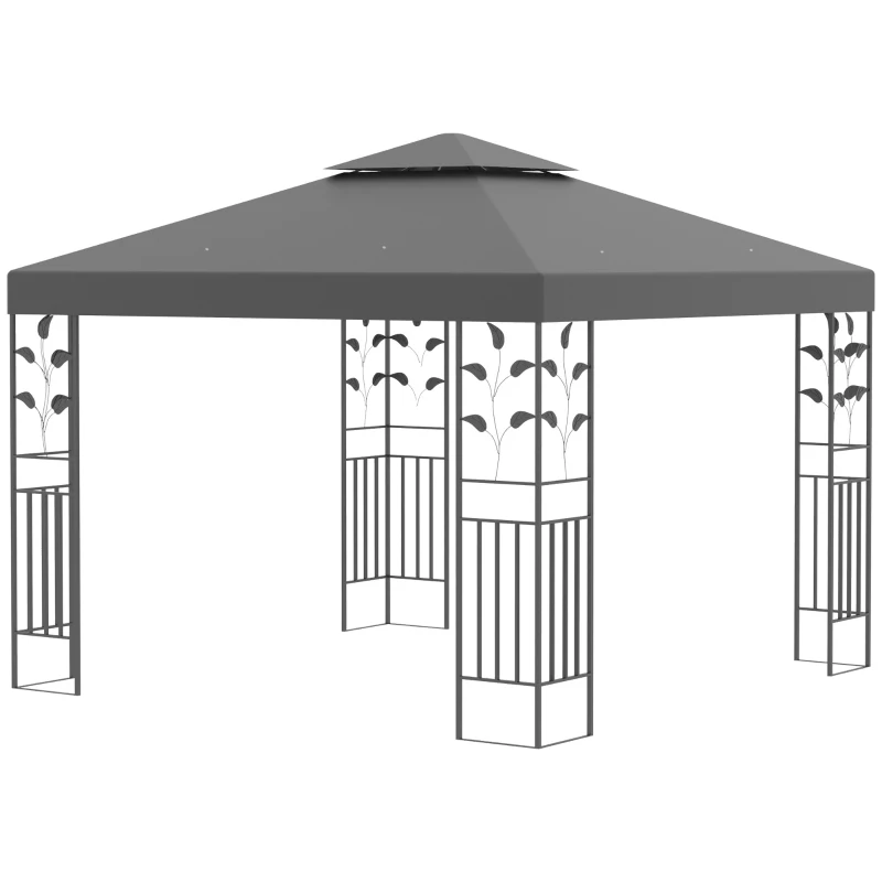 Outsunny 3 x 3m Outdoor Steel Gazebo with 2 Tier Roof, Garden Gazebo Patio Canopy Marquee Shelter with Decorative Steel Frame - Grey
