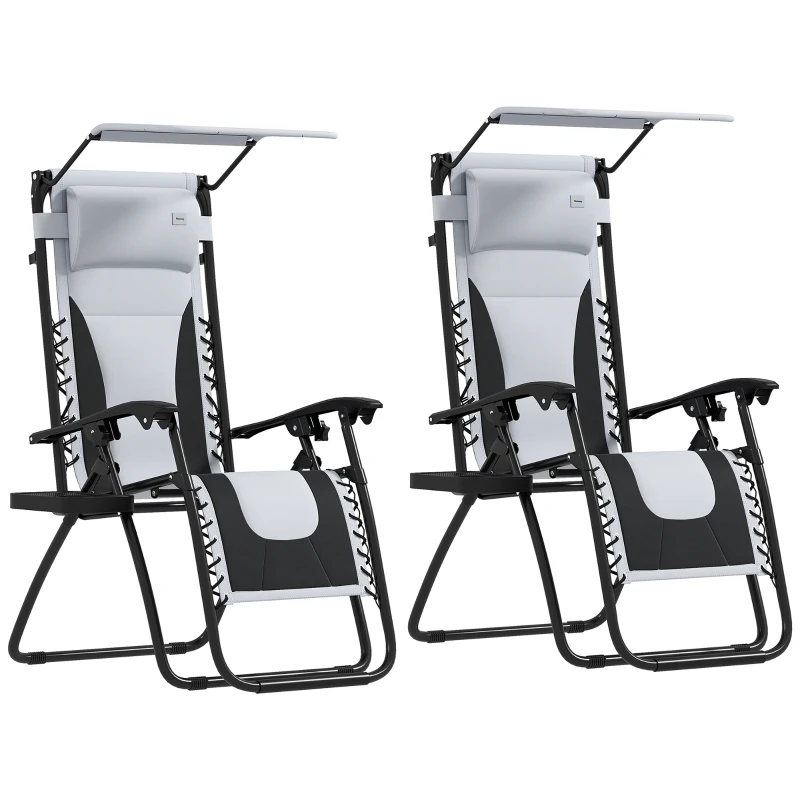 Outsunny Zero Gravity Lounger Chair Set of 2, Folding Reclining Patio Chair with Shade Cover, Padded Seat, Cup Holder, Soft Cushion and Headrest for Poolside, Camping, Light Grey