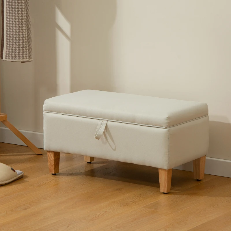 HOMCOM 30L Linen Storage Ottoman Padded Footstool with Rubberwood Legs for Storage Box, Bed End, Shoe Bench, Seating, Beige