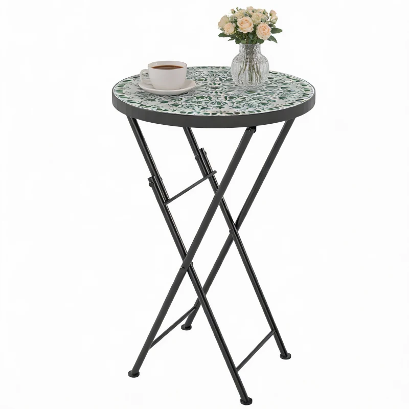 Outsunny Mosaic Outdoor Garden Table, 35.5cm Round Folding Coffee Table with Metal Frame for Balcony Terrace, Green