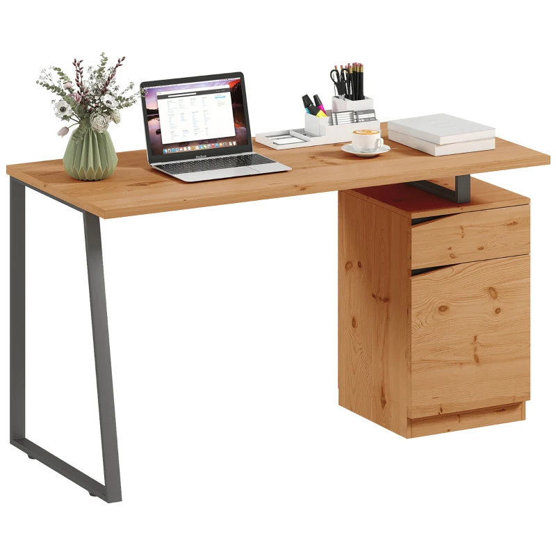 HOMCOM Computer Desk, Writing Desk with Cabinet, Drawer, Metal Legs, Work Table for Home Office Study, Natural Wood Finish