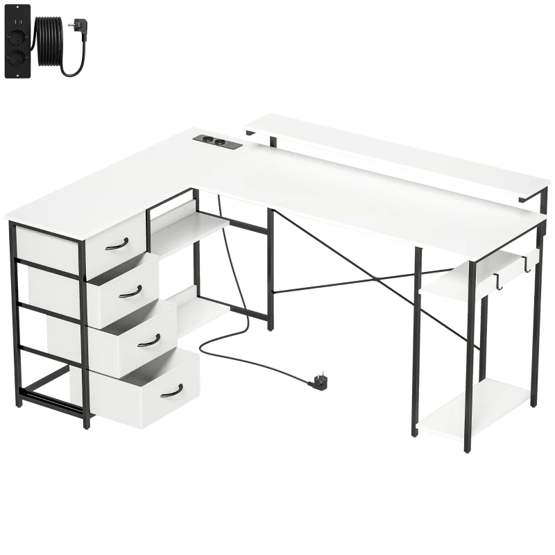 HOMCOM Bureau en L réversible avec 4 tiroirs en tissu 2 prises et 2 ports USB Support pour écran 155x112 cm Blanc