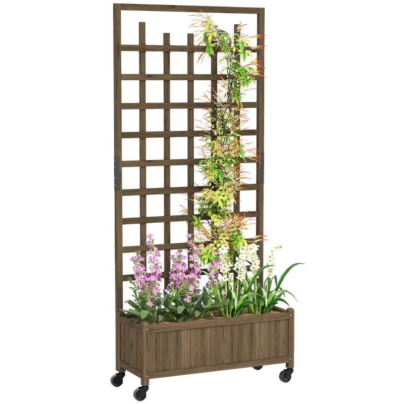 Outsunny Wooden Trellis Planter, Raised Garden Bed with Wheels, to Climb and Grow Vegetables, Herbs and Flowers, Brown