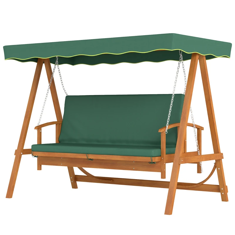Outsunny 3 Seater 2-in-1 Wooden Garden Swing Seat Swing Chair Outdoor Convertible Hammock Bench Furniture Lounger Bed Wood, Dark Green