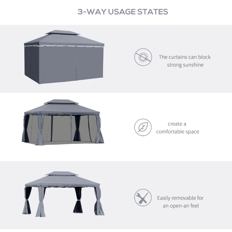 Outsunny 3 x 4m Aluminium Garden Gazebo, Marquee Canopy Shelter Pavilion Party Tent with Nets and Curtains for Garden and Deck, Dark Grey