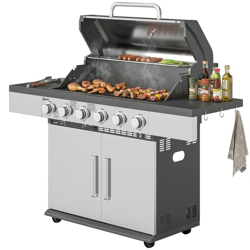 Outsunny 6 Burner Liquid Propane Gas BBQ Grill, Outdoor Portable Gas Barbecue Grill with Warming Rack, Side Tables, Cabinet