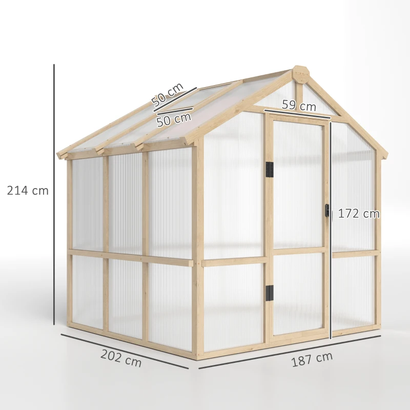 Outsunny 6.6 x 6ft Polycarbonate Greenhouse, Walk-in Wooden Greenhouse with Lockable Door and Window, Garden Plants Grow House, Brown
