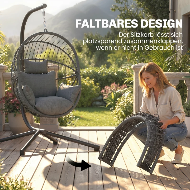 Outsunny Outdoor Hängesessel Hängesessel, inkl. Polster, Egg-Chair, 120 cm x 106 cm x 188 cm,  Grau
