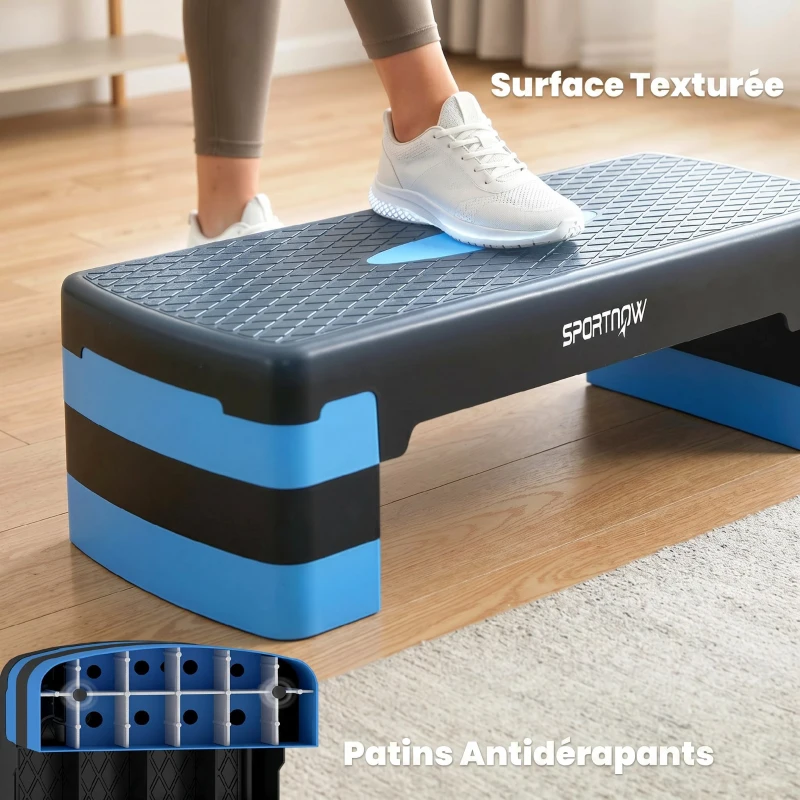 SPORTNOW Stepper Fitness Aérobic 3 Niveaux, Hauteur Réglable 10/15/20 cm avec Rehausses, Surface Antidérapante, 68x29x20cm, Bleu