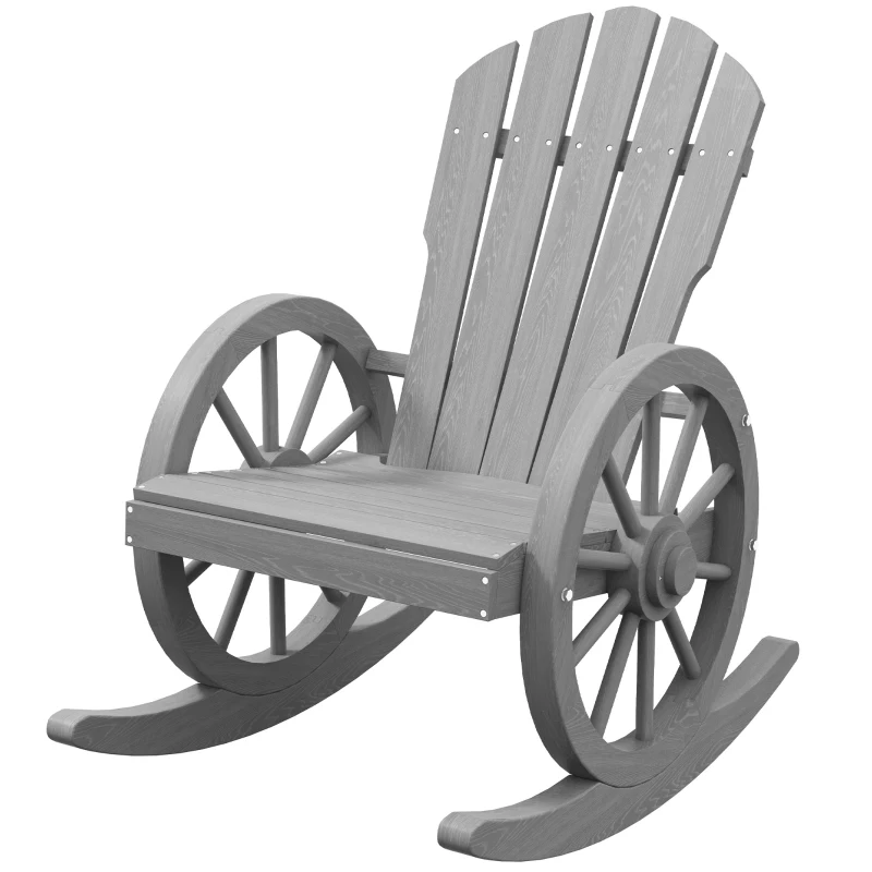 Outsunny Wooden Adirondack Rocking Chair Reclining Armchair Outdoor Garden Furniture Patio Porch Rocker - Grey