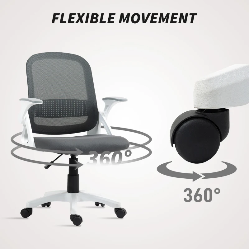 HOMCOM Breathable Mesh Office Chair, Ergonomic Swivel Computer Chair with Flip-up Armrests, Lumbar Back Support for Home/Office, Grey