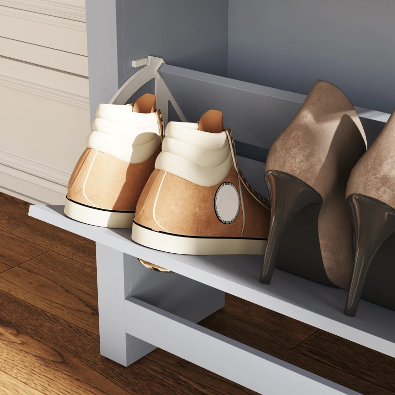 HOMCOM 2 Drawer Shoe Cabinet Modern Narrow Shoe Cupboard Hallway Wooden Storage Organiser with Flip Doors Adjustable Shelf for 6-12 Pairs, Grey
