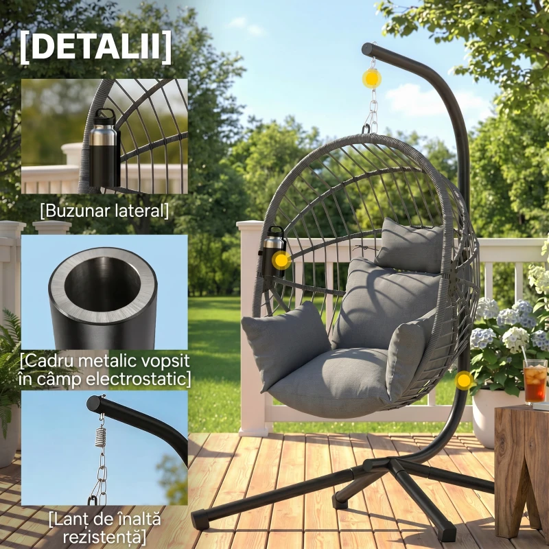 Outsunny Scaun Suspendat de Exterior, cu Pernă, Tip Ou, 120 cm x 106 cm x 188 cm, Gri