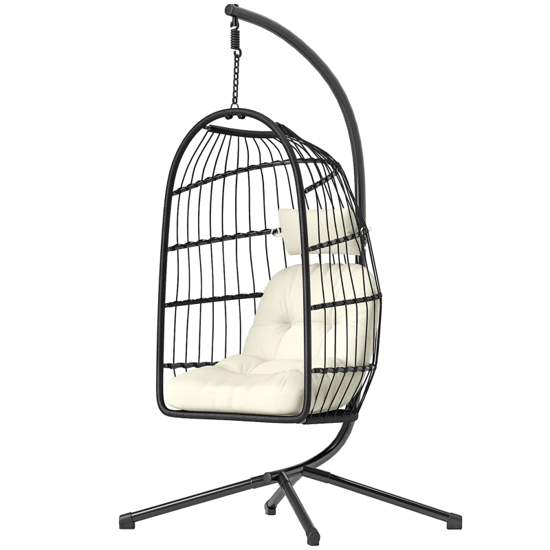 Outsunny Hanging Egg Chair, Indoor Outdoor Hammock Swing Chair with Stand, Safety Strap, Foldable Basket, Black/Cream White