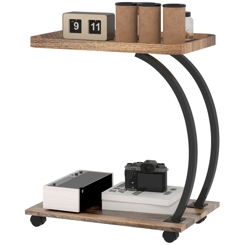 HOMCOM 2-Tier Mobile C-Shaped Side Table - Brown