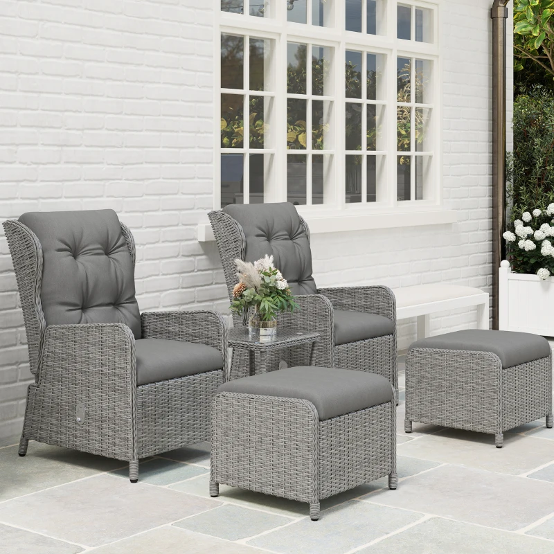 Outsunny 5 Pieces Rattan Bistro Set with Adjustable Back, Reclining Wicker Balcony Furniture with Cushions, Glass Top Coffee Table and Footstools, Outdoor Table and Chairs, Light Grey